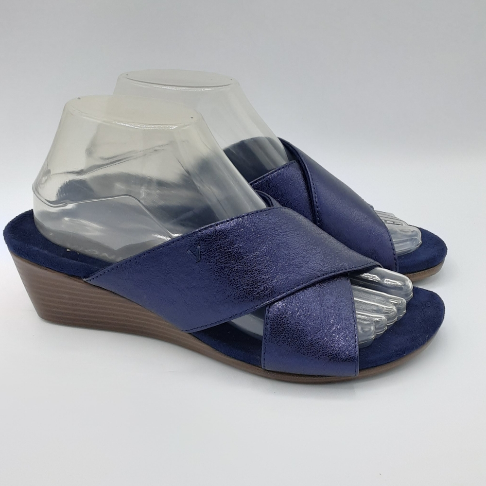 Vionic Kara Demi Leather Metallic Navy Crossband Wedge Sandals